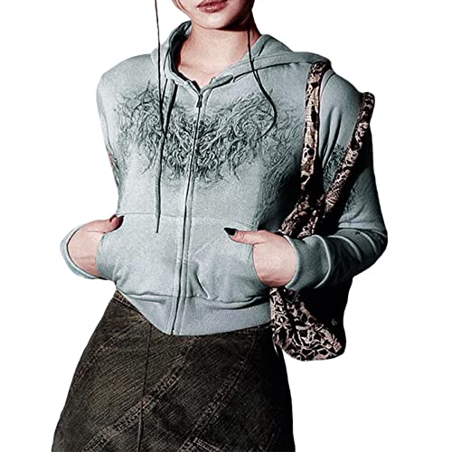 Yassiglia Damen Y2K Zip Up Hoodie Langarm Crop Top Jacke Herbst Sweatjacke mit Kapuze Übergangsjacke Zipper Pullover für Teenager Mädchen (Grau Grün, S) von Yassiglia