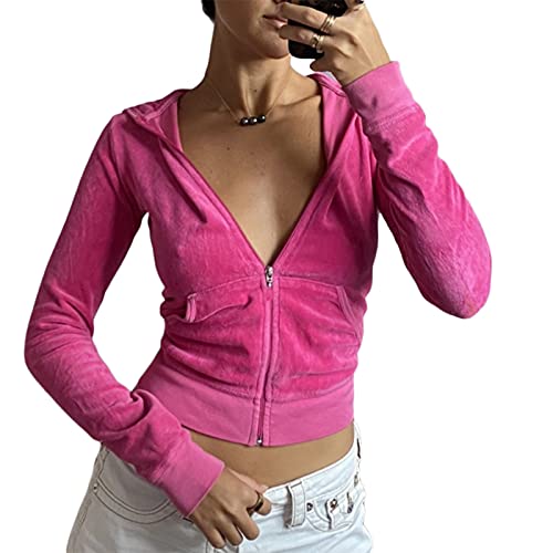 Yassiglia Damen Y2K Zip Up Hoodie Langarm Crop Top Jacke Herbst Sweatjacke mit Kapuze Übergangsjacke Zipper Pullover für Teenager Mädchen (Rosa, S) von Yassiglia