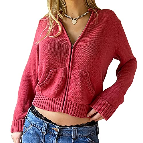 Yassiglia Damen Y2K Zip Up Hoodie Langarm Crop Top Jacke Herbst Sweatjacke mit Kapuze Übergangsjacke Zipper Pullover für Teenager Mädchen (Rot, S) von Yassiglia