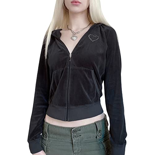 Yassiglia Damen Y2K Zip Up Hoodie Langarm Crop Top Jacke Herbst Sweatjacke mit Kapuze Übergangsjacke Zipper Pullover für Teenager Mädchen (Schwarz E, S) von Yassiglia