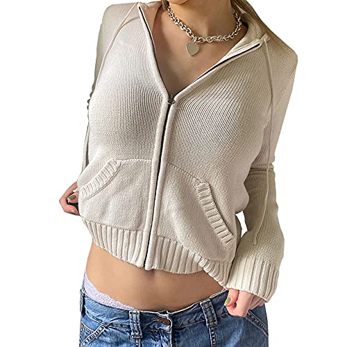 Yassiglia Damen Y2K Zip Up Hoodie Langarm Crop Top Jacke Herbst Sweatjacke mit Kapuze Übergangsjacke Zipper Pullover für Teenager Mädchen (Weiß, M) von Yassiglia