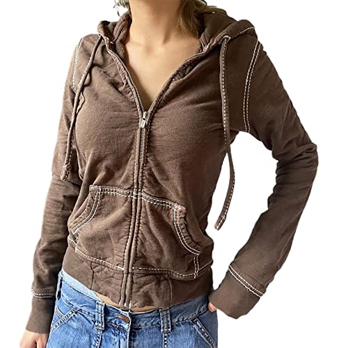 Yassiglia Damen Y2K Zip Up Hoodie Langarm Crop Top Jacke Herbst Sweatjacke mit Kapuze Übergangsjacke Zipper Pullover für Teenager Mädchen Streetwear (Braun A, S) von Yassiglia