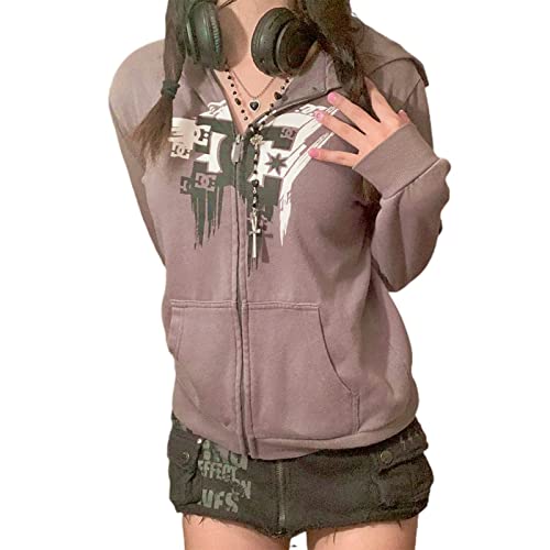 Yassiglia Damen Y2K Zip Up Hoodie Langarm Crop Top Jacke Herbst Sweatjacke mit Kapuze Übergangsjacke Zipper Pullover für Teenager Mädchen Streetwear (Hell khaki, L) von Yassiglia