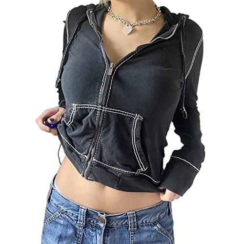 Yassiglia Damen Y2K Zip Up Hoodie Langarm Crop Top Jacke Herbst Sweatjacke mit Kapuze Übergangsjacke Zipper Pullover für Teenager Mädchen Streetwear (Schwarz A, M) von Yassiglia