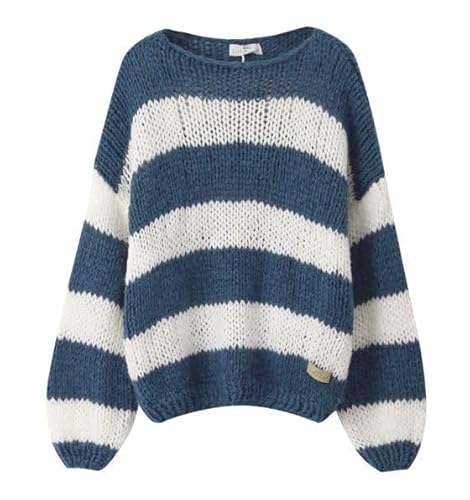 Yassiglia Damen Y2k Gestreift Pullover Elegant Farbblock Strickpullover Oversize Gestrickt Sweatshirt Herbst Winter Langarm Lose Fit Top (Blau, XL) von Yassiglia