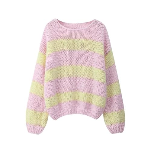 Yassiglia Damen Y2k Gestreift Pullover Elegant Farbblock Strickpullover Oversize Gestrickt Sweatshirt Herbst Winter Langarm Lose Fit Top (Hell Rosa, S) von Yassiglia