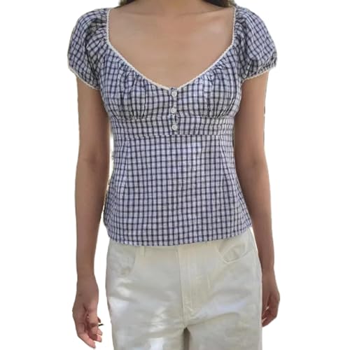 Yassiglia Damen Y2k Harajuku Crop Top Kurzarm V-Ausschnitt T-Shirt Slim Fit Baby Tees Sommer Elegant Oberteil Y2k Aesthetic Clothes (Blau U-Ausschnitt, S) von Yassiglia