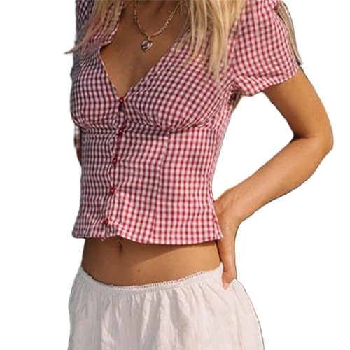 Yassiglia Damen Y2k Harajuku Crop Top Kurzarm V-Ausschnitt T-Shirt Slim Fit Baby Tees Sommer Elegant Oberteil Y2k Aesthetic Clothes (Rot Karo, M) von Yassiglia