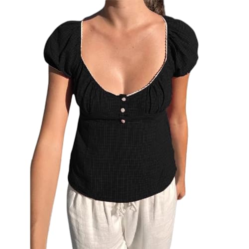 Yassiglia Damen Y2k Harajuku Crop Top Kurzarm V-Ausschnitt T-Shirt Slim Fit Baby Tees Sommer Elegant Oberteil Y2k Aesthetic Clothes (Schwarz U-Ausschnitt, S) von Yassiglia