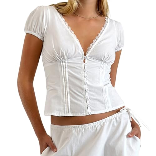 Yassiglia Damen Y2k Harajuku Crop Top Kurzarm V-Ausschnitt T-Shirt Slim Fit Baby Tees Sommer Elegant Oberteil Y2k Aesthetic Clothes (Weiß, S) von Yassiglia