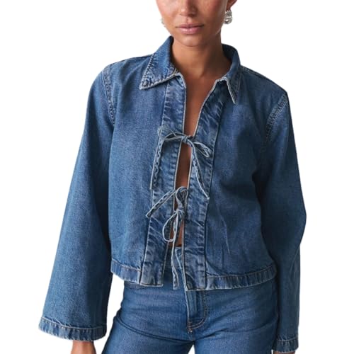 Yassiglia Damen Y2k Jeanshemd Elegante Jeans Bluse Krawatte Schleife Langarm Top Herbst Fashion Oberteile Tie Up Longsleeve (Dunkel Blau, XL) von Yassiglia