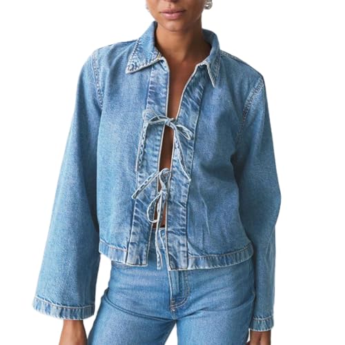 Yassiglia Damen Y2k Jeanshemd Elegante Jeans Bluse Krawatte Schleife Langarm Top Herbst Fashion Oberteile Tie Up Longsleeve (Hell Blau, XL) von Yassiglia