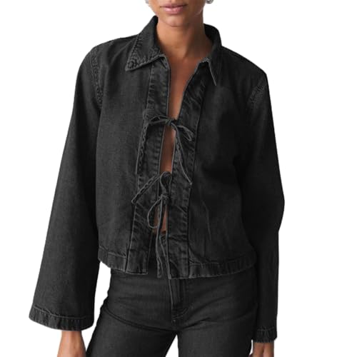 Yassiglia Damen Y2k Jeanshemd Elegante Jeans Bluse Krawatte Schleife Langarm Top Herbst Fashion Oberteile Tie Up Longsleeve (Schwarz, XL) von Yassiglia