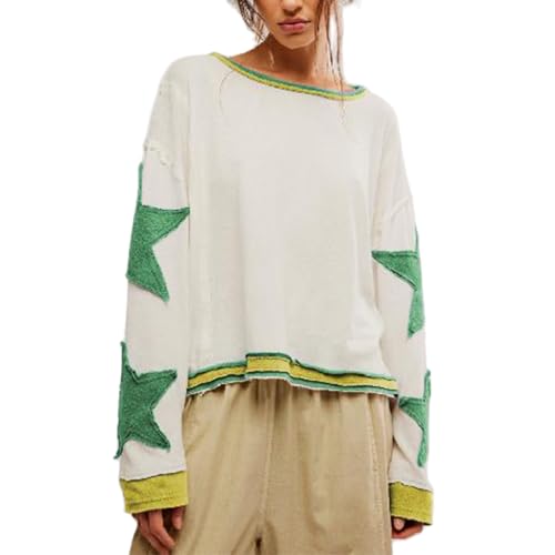 Yassiglia Damen Y2k Pullover Oversize Hoodie Ohne Kapuze Farbblock Stern Sweatshirt Herbst Casual Lockere Oberteile Loose Fit Langarm Tops Für Teenager Mädchen (Grün, S) von Yassiglia