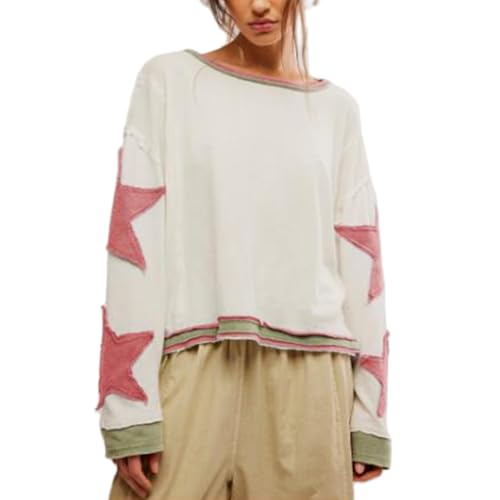 Yassiglia Damen Y2k Pullover Oversize Hoodie Ohne Kapuze Farbblock Stern Sweatshirt Herbst Casual Lockere Oberteile Loose Fit Langarm Tops Für Teenager Mädchen (Rosa, XL) von Yassiglia