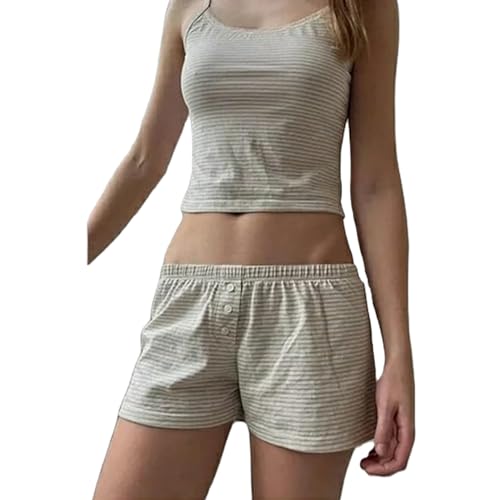 Yassiglia Damen Y2k Pyjama Set Sommer Zweiteiler Kurz Schlafanzug Elegant Leicht Lounge Set Camisole Top Und Shorts Set Aesthetic Loungwear Clothes (Cremiges Weiß, S) von Yassiglia
