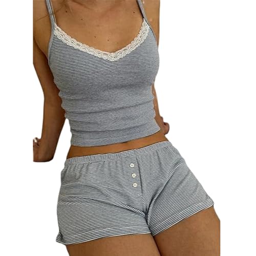 Yassiglia Damen Y2k Pyjama Set Sommer Zweiteiler Kurz Schlafanzug Elegant Leicht Lounge Set Camisole Top Und Shorts Set Aesthetic Loungwear Clothes (Grau, M) von Yassiglia