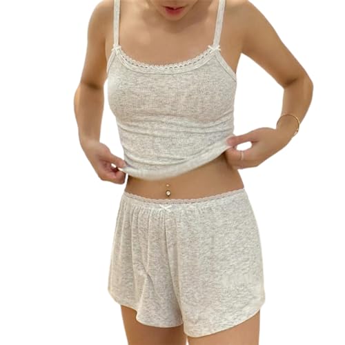 Yassiglia Damen Y2k Pyjama Set Sommer Zweiteiler Kurz Schlafanzug Elegant Leicht Lounge Set Camisole Top Und Shorts Set Aesthetic Loungwear Clothes (Hell Grau, L) von Yassiglia
