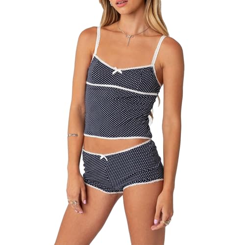 Yassiglia Damen Y2k Pyjama Set Sommer Zweiteiler Kurz Schlafanzug Elegant Leicht Lounge Set Camisole Top Und Shorts Set Aesthetic Loungwear Clothes (Schwarz-Punkt, M) von Yassiglia