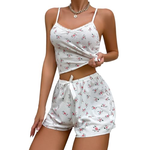 Yassiglia Damen Y2k Pyjama Set Sommer Zweiteiler Kurz Schlafanzug Elegant Leicht Lounge Set Camisole Top Und Shorts Set Aesthetic Loungwear Clothes (Weiß-Blumen, S) von Yassiglia