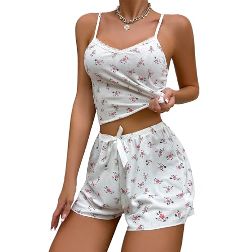 Yassiglia Damen Y2k Pyjama Set Sommer Zweiteiler Kurz Schlafanzug Elegant Leicht Lounge Set Camisole Top Und Shorts Set Aesthetic Loungwear Clothes (Weiß-Blumen, XL) von Yassiglia