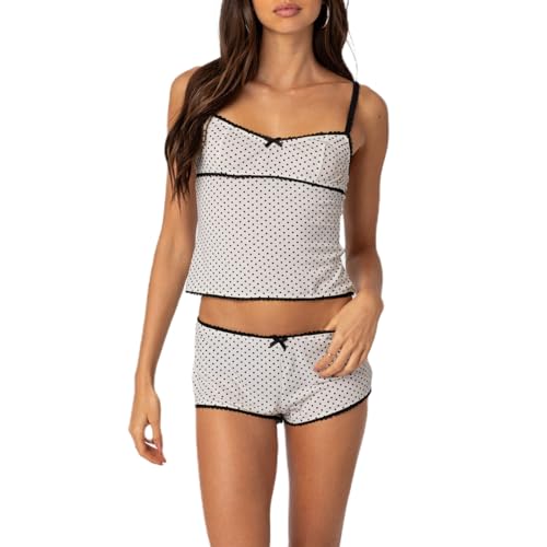 Yassiglia Damen Y2k Pyjama Set Sommer Zweiteiler Kurz Schlafanzug Elegant Leicht Lounge Set Camisole Top Und Shorts Set Aesthetic Loungwear Clothes (Weiß-Punkt, S) von Yassiglia