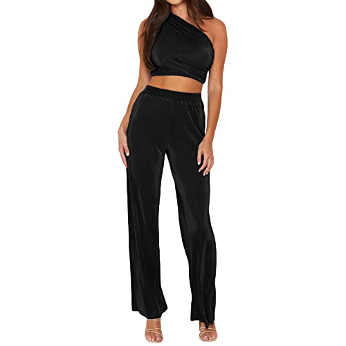 Yassiglia Damen Zweiteiler Outfit Elegant 2 Teiler Hosenanzug Set Frauen Sexy Crop Top + High Waist Freizeithose Outfits Sommer Streetwear (Schwarz, L) von Yassiglia