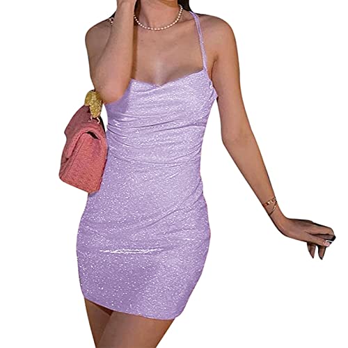 Yassiglia Elegantes Glitzerkleid Damen Partykleid Sexy Bodycon Trägerkleid Ärmellose Spaghettiträger Kleider Y2K Glitzer Kleid Clubwear (Lila, S) von Yassiglia