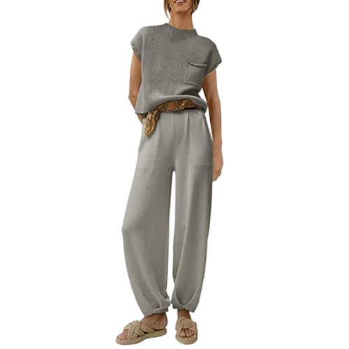 Yassiglia Elegantes Set Damen Zweiteiler Outfit Hose Und Top Business Lässig Anzug Sommer Kurzarm Strickpullover + Freizeithose Loungewear Streetwear (Grau, M) von Yassiglia