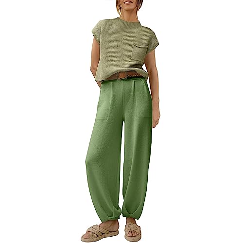 Yassiglia Elegantes Set Damen Zweiteiler Outfit Hose Und Top Business Lässig Anzug Sommer Kurzarm Strickpullover + Freizeithose Loungewear Streetwear (Hellgrün, S) von Yassiglia