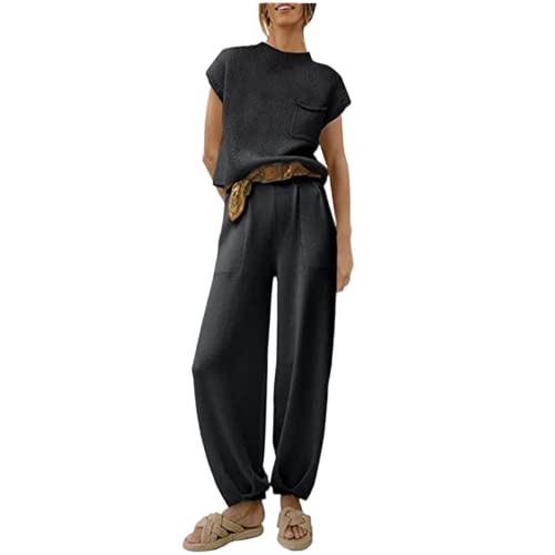 Yassiglia Elegantes Set Damen Zweiteiler Outfit Hose Und Top Business Lässig Anzug Sommer Kurzarm Strickpullover + Freizeithose Loungewear Streetwear (Schwarz, L) von Yassiglia