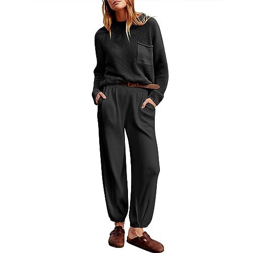 Yassiglia Elegantes Set Damen Zweiteiler Outfit Hose Und Top Business Lässig Anzug Sommer Kurzarm Strickpullover + Freizeithose Loungewear Streetwear (Schwarz langarm, S) von Yassiglia