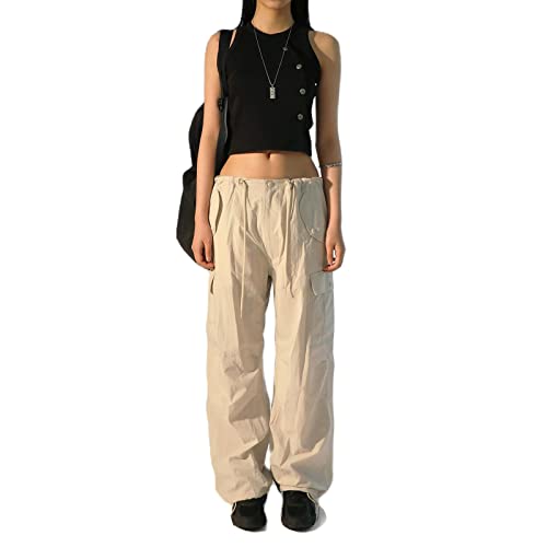 Yassiglia Frauen Cargo Hose Damen Low Waist Weites Bein Crago Pants Y2K Baggy Jeans für Teenager Mädchen Casual Bauchweg Hosen Streetwear (Beige A, S) von Yassiglia