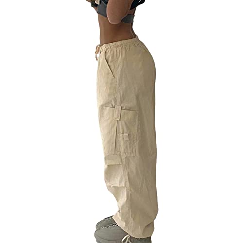 Yassiglia Frauen Cargo Hose Damen Low Waist Weites Bein Crago Pants Y2K Baggy Jeans für Teenager Mädchen Casual Bauchweg Hosen Streetwear (Dunkel Beige, S) von Yassiglia