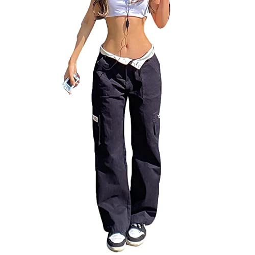 Yassiglia Frauen Cargo Hose Damen Low Waist Weites Bein Crago Pants Y2K Baggy Jeans für Teenager Mädchen Casual Bauchweg Hosen Streetwear (Dunkelblau Low Waist, L) von Yassiglia