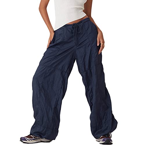 Yassiglia Frauen Cargo Hose Damen Low Waist Weites Bein Crago Pants Y2K Baggy Jeans für Teenager Mädchen Casual Bauchweg Hosen Streetwear (Navy Blau, S) von Yassiglia