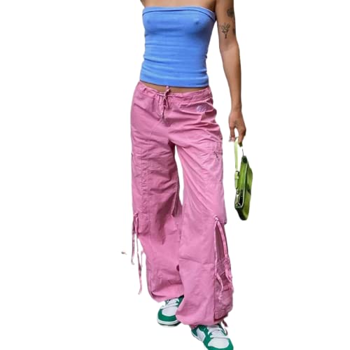 Yassiglia Frauen Cargo Hose Damen Low Waist Weites Bein Crago Pants Y2K Baggy Jeans für Teenager Mädchen Casual Bauchweg Hosen Streetwear (Rosa, S) von Yassiglia
