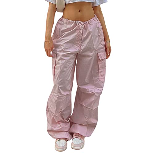 Yassiglia Frauen Cargo Hose Damen Low Waist Weites Bein Crago Pants Y2K Baggy Jeans für Teenager Mädchen Casual Bauchweg Hosen Streetwear (Rosa A, S) von Yassiglia