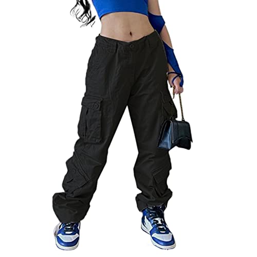 Yassiglia Frauen Cargo Hose Damen Low Waist Weites Bein Crago Pants Y2K Baggy Jeans für Teenager Mädchen Casual Bauchweg Hosen Streetwear (Schwarz D, S) von Yassiglia