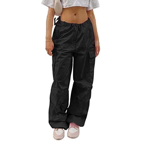 Yassiglia Frauen Cargo Hose Damen Low Waist Weites Bein Crago Pants Y2K Baggy Jeans für Teenager Mädchen Casual Bauchweg Hosen Streetwear (Schwarz E, L) von Yassiglia