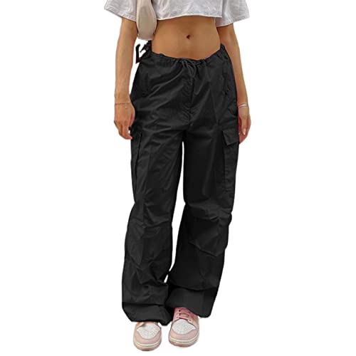 Yassiglia Frauen Cargo Hose Damen Low Waist Weites Bein Crago Pants Y2K Baggy Jeans für Teenager Mädchen Casual Bauchweg Hosen Streetwear (Schwarz E, S) von Yassiglia