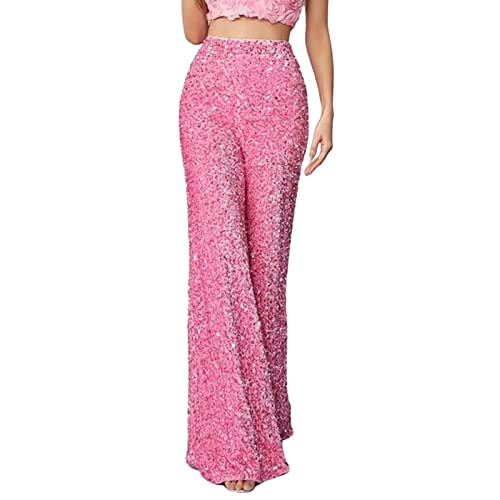 Yassiglia Glitzer Hose Damen Wide Leg High Waist Hose mit Pailletten 70er Elegante Schlaghose Stretch Hosen für Club Party Fest Tanzen (Rosa, S) von Yassiglia