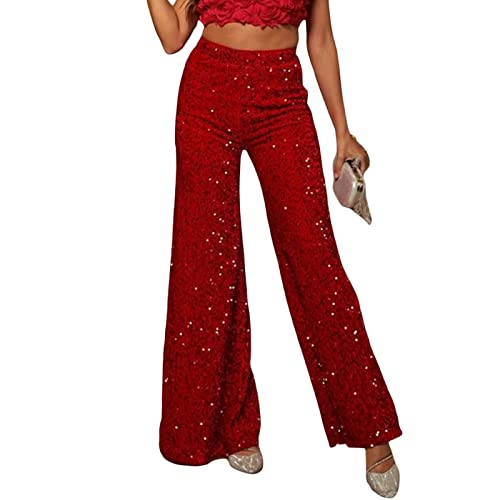 Yassiglia Glitzer Hose Damen Wide Leg High Waist Hose mit Pailletten 70er Elegante Schlaghose Stretch Hosen für Club Party Fest Tanzen (Rot, L) von Yassiglia