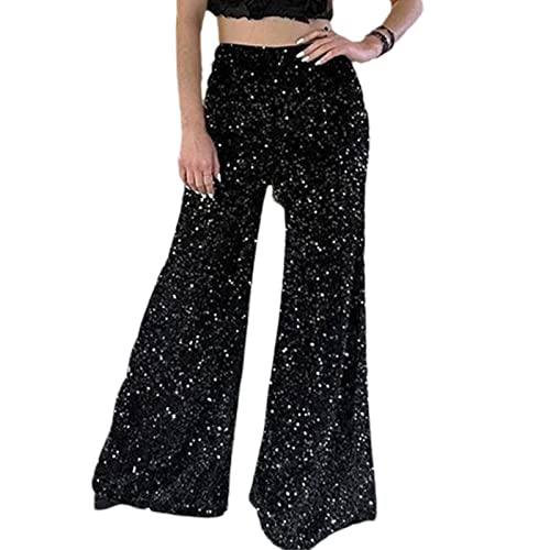 Yassiglia Glitzer Hose Damen Wide Leg High Waist Hose mit Pailletten 70er Elegante Schlaghose Stretch Hosen für Club Party Fest Tanzen (Schwarz, L) von Yassiglia