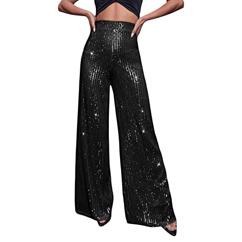 Yassiglia Glitzer Hose Damen Wide Leg High Waist Hose mit Pailletten 70er Elegante Schlaghose Stretch Hosen für Club Party Fest Tanzen (Schwarz A, M) von Yassiglia