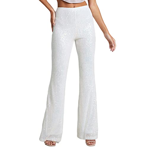 Yassiglia Glitzer Hose Damen Wide Leg High Waist Hose mit Pailletten 70er Elegante Schlaghose Stretch Hosen für Club Party Fest Tanzen (Silber, L) von Yassiglia