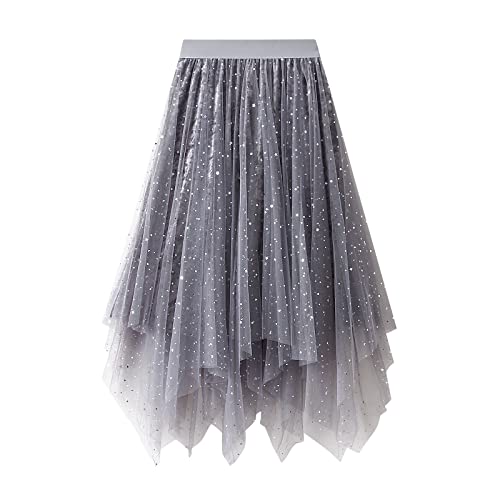 Yassiglia Glitzer Tüllrock Damen Elegant Mesh Rock mit Pailletten Lang Mehrlagig Stufenrock Fairy A-Linie Tüll Rock Tütü Midi Röcke (Grau-unregelmäßig, One Size) von Yassiglia