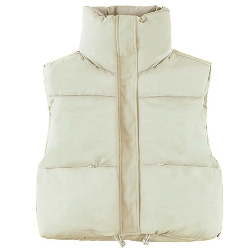 Yassiglia Herbst Winter Weste Damen Leichte Daunenweste ohne Kapuze Zip Up Steppweste mit Reißverschluss Ärmellose Übergangsjacke Kurz, Dick, Warm, Leicht, Outdoor (Beige, L) von Yassiglia