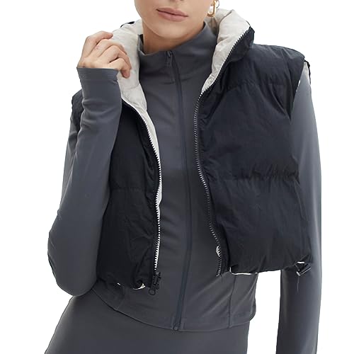 Yassiglia Herbst Winter Weste Damen Leichte Daunenweste ohne Kapuze Zip Up Steppweste mit Reißverschluss Ärmellose Übergangsjacke Kurz, Dick, Warm, Leicht, Outdoor (Schwarz Grau Patchwork, M) von Yassiglia