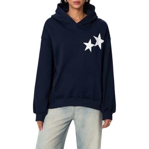 Yassiglia Kapuzenpullover Damen Oversize Hoodie Y2k Stern Druck Sweatshirt mit Kapuze Herbst Winter Pullover für Teenager Mädchen Loose Fit Langarm Tops (Dunkel Blau, S) von Yassiglia